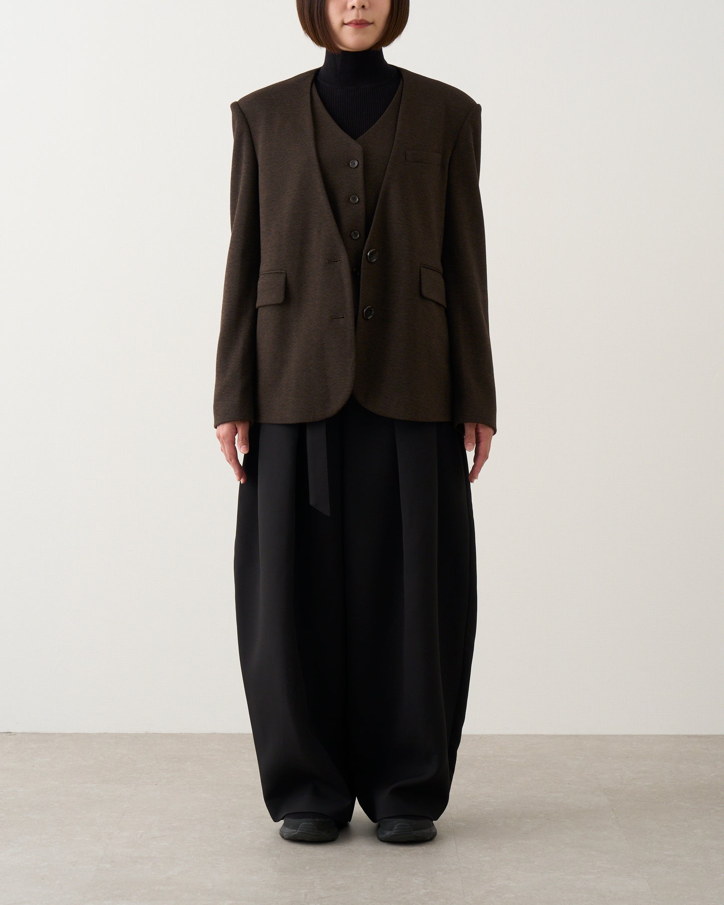 ノーカラーレイヤードジャケット_Brown