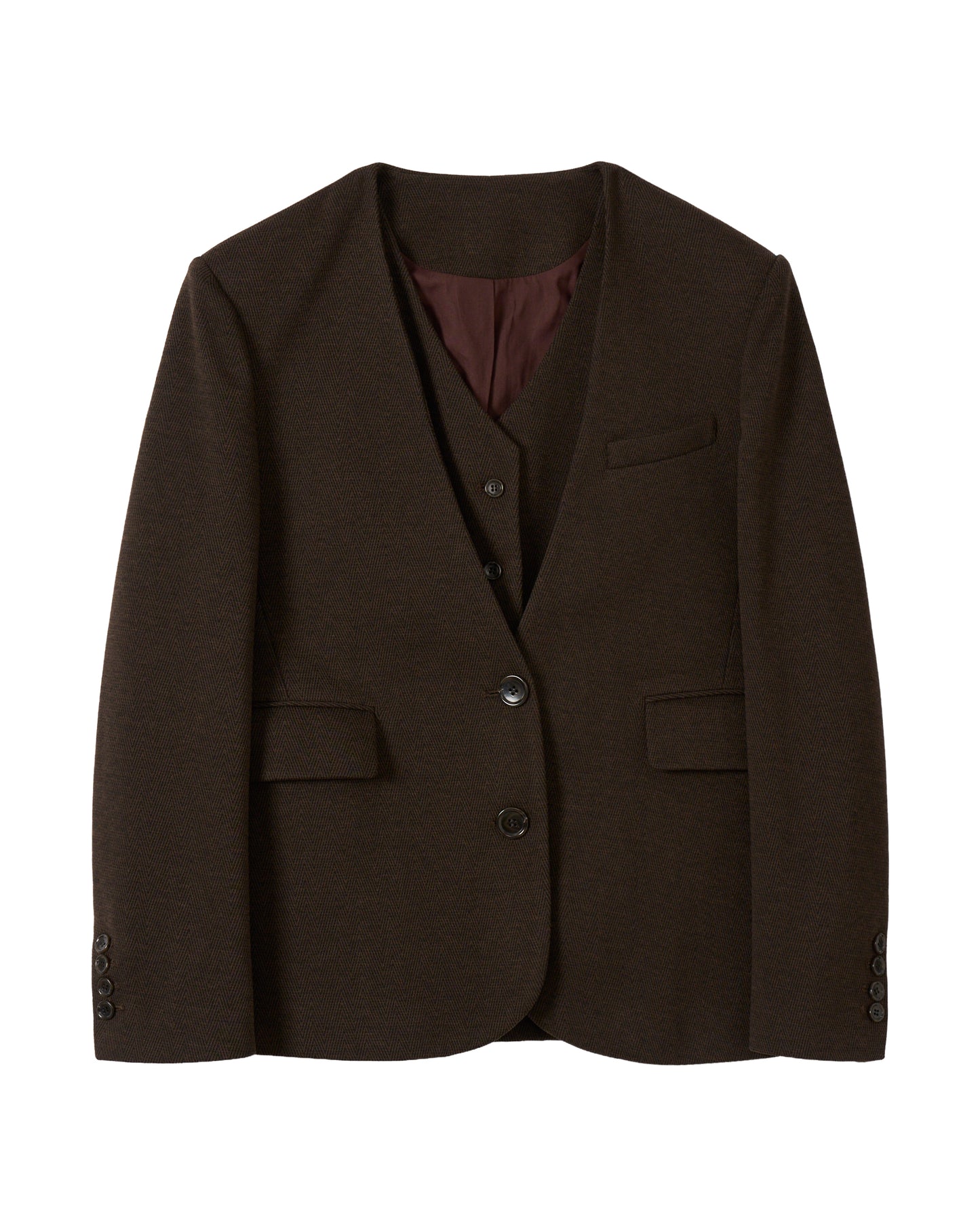 ノーカラーレイヤードジャケット_Brown