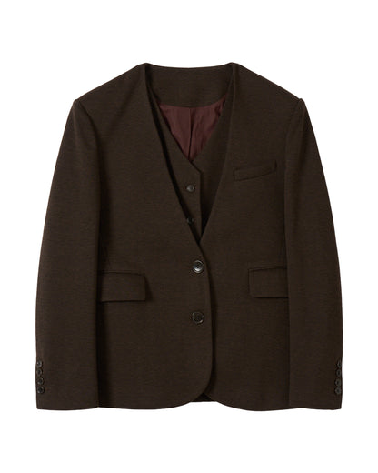ノーカラーレイヤードジャケット_Brown