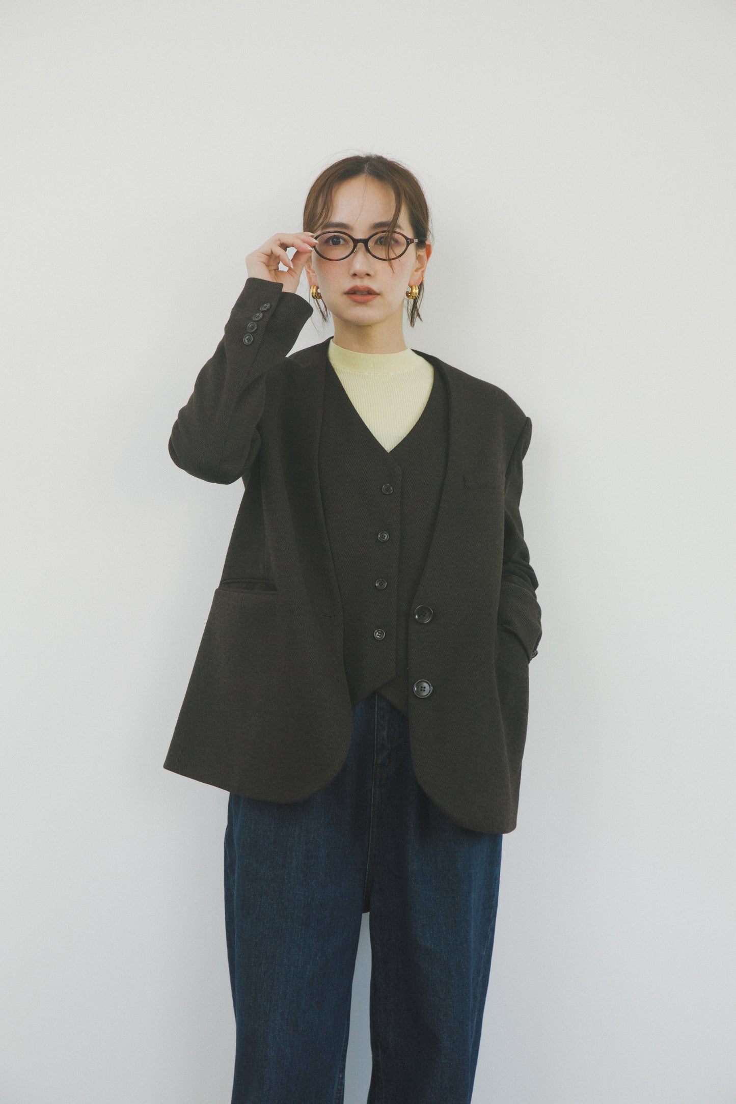 ノーカラーレイヤードジャケット_Brown