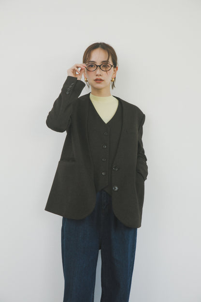 ノーカラーレイヤードジャケット_Brown