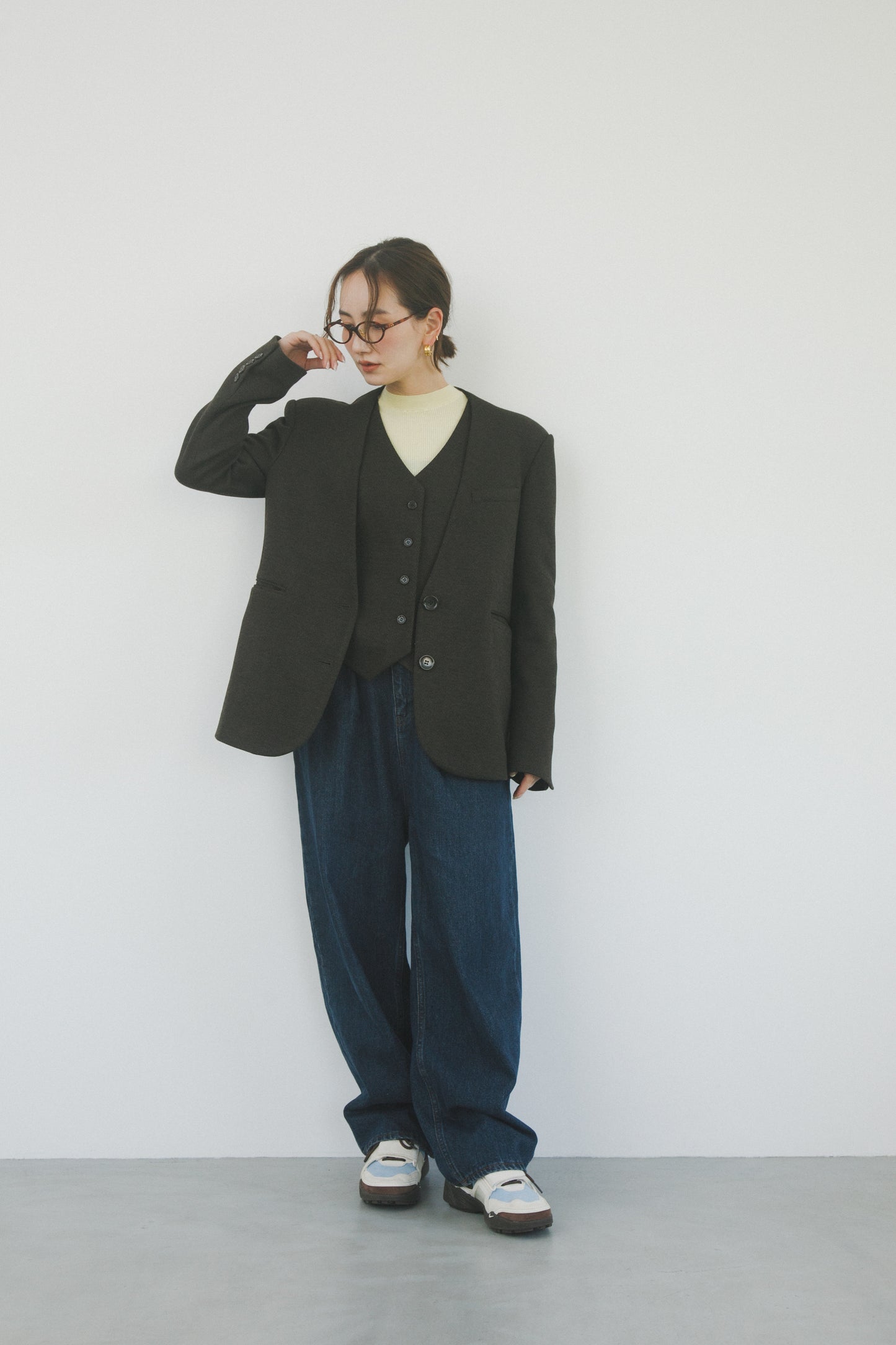 ノーカラーレイヤードジャケット_Brown