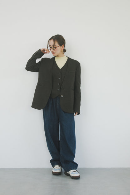 ノーカラーレイヤードジャケット_Brown